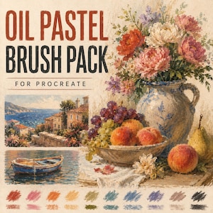 May include: Oil Pastel Brush Pack for Procreate digital art software. The image features a still life painting of a blue and white ceramic pitcher with flowers, a bowl of fruit, a coastal landscape, a small boat, and colour swatches.