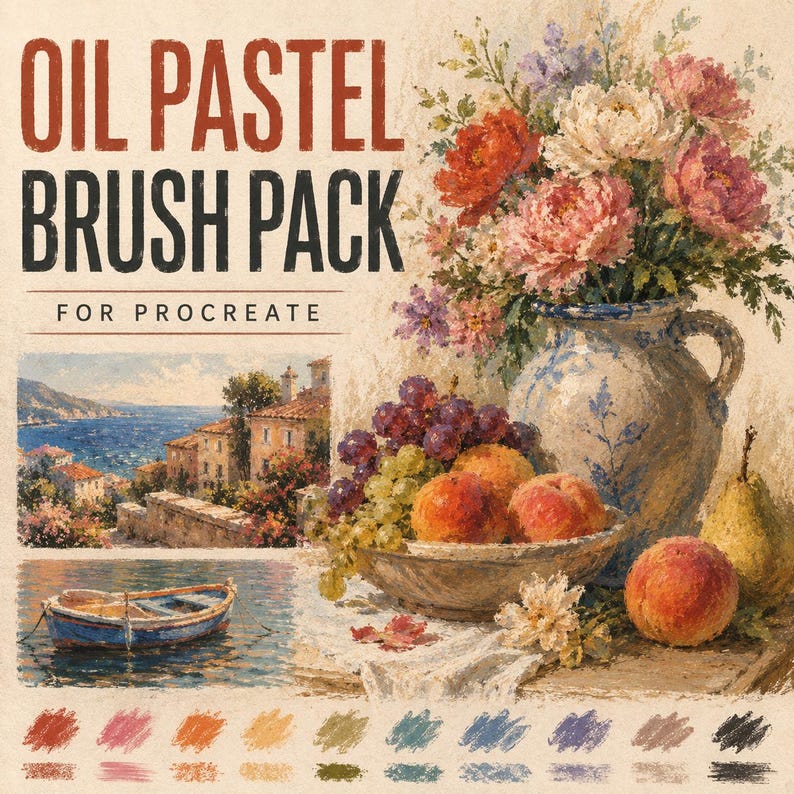 May include: Oil Pastel Brush Pack for Procreate digital art software. The image features a still life painting of a blue and white ceramic pitcher with flowers, a bowl of fruit, a coastal landscape, a small boat, and colour swatches.