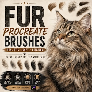 Peut inclure: Un graphique numérique montrant un chat tigré brun avec le texte FUR PROCREATE BRUSHES, REALISTIC, SOFT, DETAILED, CREATE REALISTIC FUR WITH EASE, NATURAL HAIR FLOW, FINE DETAILS, SOFT & FLUFFY, EASY TO LAYER, DESIGNED FOR PROCREATE.
