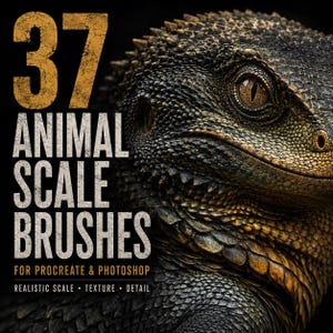 Peut inclure: Un graphique numérique présentant un gros plan de la tête d'un lézard sombre et texturé aux écailles saillantes. Le texte indique 37 ANIMAL SCALE BRUSHES FOR PROCREATE & PHOTOSHOP, REALISTIC SCALE, TEXTURE, DETAIL en grandes lettres blanches et dorées.