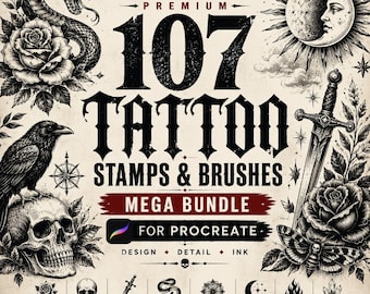 107 Procreate Tattoo Stamps & Brushes Bundle, Linework, Shading, Dotwork (Digital Download)