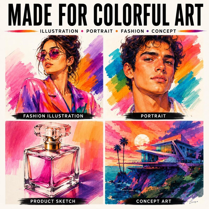 Pode incluir: Um colagem de quatro pain&eacute;is intitulada MADE FOR COLORFUL ART apresentando ilustra&ccedil;&otilde;es de uma pessoa com &oacute;culos de sol rosa, um retrato, um frasco de perfume de vidro e uma casa costeira ao p&ocirc;r do sol, rotulados como Illustration, Portrait, Fashion, Concept.