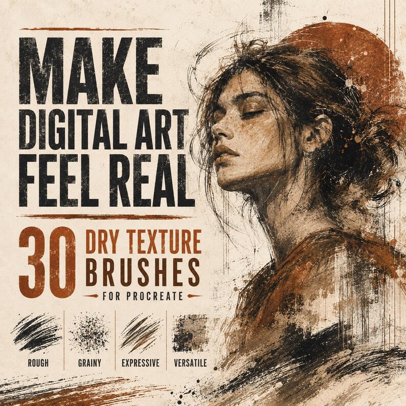 Puede incluir: Una pantalla de producto de arte digital con el texto MAKE DIGITAL ART FEEL REAL y 30 DRY TEXTURE BRUSHES FOR PROCREATE. La imagen incluye un retrato al carboncillo de una persona y cuatro muestras de trazos de pincel etiquetadas como ROUGH, GRAINY, EXPRESSIVE y VERSATILE.