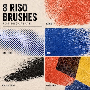K&ouml;nnte beinhalten: Eine digitale Anzeige mit 8 Riso Brushes for Procreate. Das Bild enth&auml;lt Textbeschriftungen f&uuml;r verschiedene Pinsel-Effekte wie Grain, Halftone, Ink, Rough Edge und Overprint, die mit roten, blauen, schwarzen und gelben strukturierten Strichen dargestellt sind.