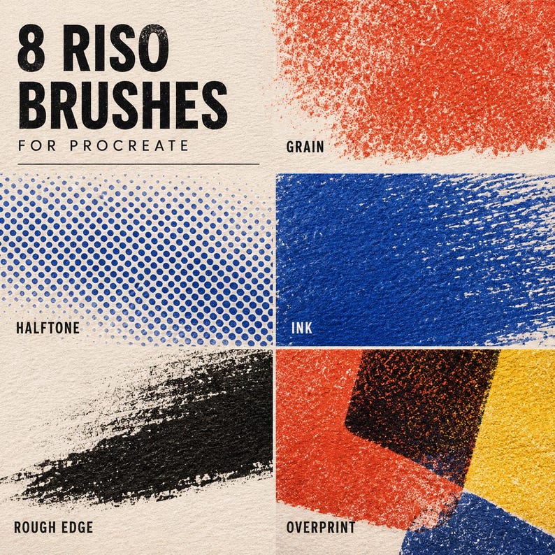 K&ouml;nnte beinhalten: Eine digitale Anzeige mit 8 Riso Brushes for Procreate. Das Bild enth&auml;lt Textbeschriftungen f&uuml;r verschiedene Pinsel-Effekte wie Grain, Halftone, Ink, Rough Edge und Overprint, die mit roten, blauen, schwarzen und gelben strukturierten Strichen dargestellt sind.