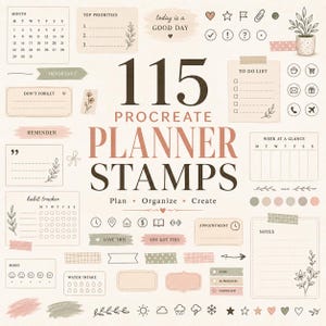 May include: A digital collection of 115 Procreate planner stamps featuring calendars, to-do lists, habit trackers, and various icons like hearts, stars, and plants. The design uses a neutral color palette with soft pink, green, and brown accents.