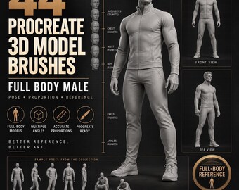 44 Procreate 3D Model Brushes – Full Body Male, Anatomy Pose Reference Stamps