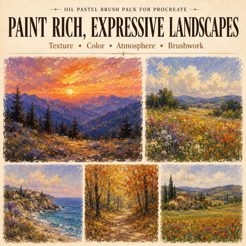 May include: A digital product advertisement titled OIL PASTEL BRUSH PACK FOR PROCREATE PAINT RICH, EXPRESSIVE LANDSCAPES Texture Color Atmosphere Brushwork. It displays five distinct landscape paintings featuring mountains, fields, and coastal scenes.