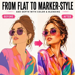 Pode incluir: Um gr&aacute;fico comparativo intitulado FROM FLAT TO MARKER-STYLE ADD DEPTH WITH COLOR & BLENDING. O lado esquerdo rotulado BEFORE mostra uma ilustra&ccedil;&atilde;o plana de uma pessoa com cabelo castanho num coque, &oacute;culos redondos e argolas douradas.