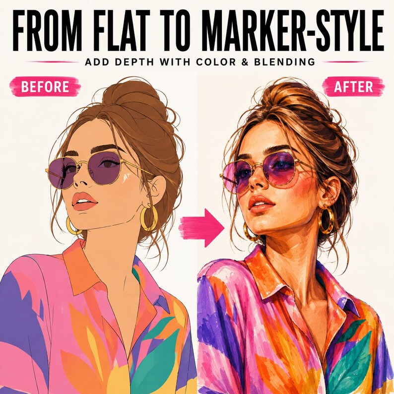 Pode incluir: Um gr&aacute;fico comparativo intitulado FROM FLAT TO MARKER-STYLE ADD DEPTH WITH COLOR & BLENDING. O lado esquerdo rotulado BEFORE mostra uma ilustra&ccedil;&atilde;o plana de uma pessoa com cabelo castanho num coque, &oacute;culos redondos e argolas douradas.