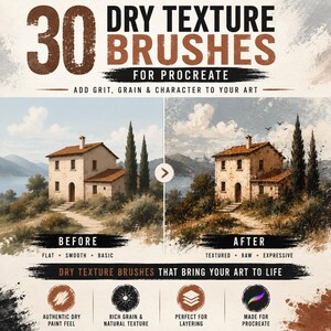 Puede incluir: Una presentaci&oacute;n de producto digital para 30 pinceles de textura seca para Procreate. La imagen muestra una comparaci&oacute;n de antes y despu&eacute;s de una pintura de paisaje con una casa, con etiquetas de texto que incluyen 'Before', 'After' y 'Add grit, grain & character'.