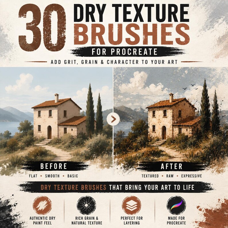 Puede incluir: Una presentaci&oacute;n de producto digital para 30 pinceles de textura seca para Procreate. La imagen muestra una comparaci&oacute;n de antes y despu&eacute;s de una pintura de paisaje con una casa, con etiquetas de texto que incluyen 'Before', 'After' y 'Add grit, grain & character'.