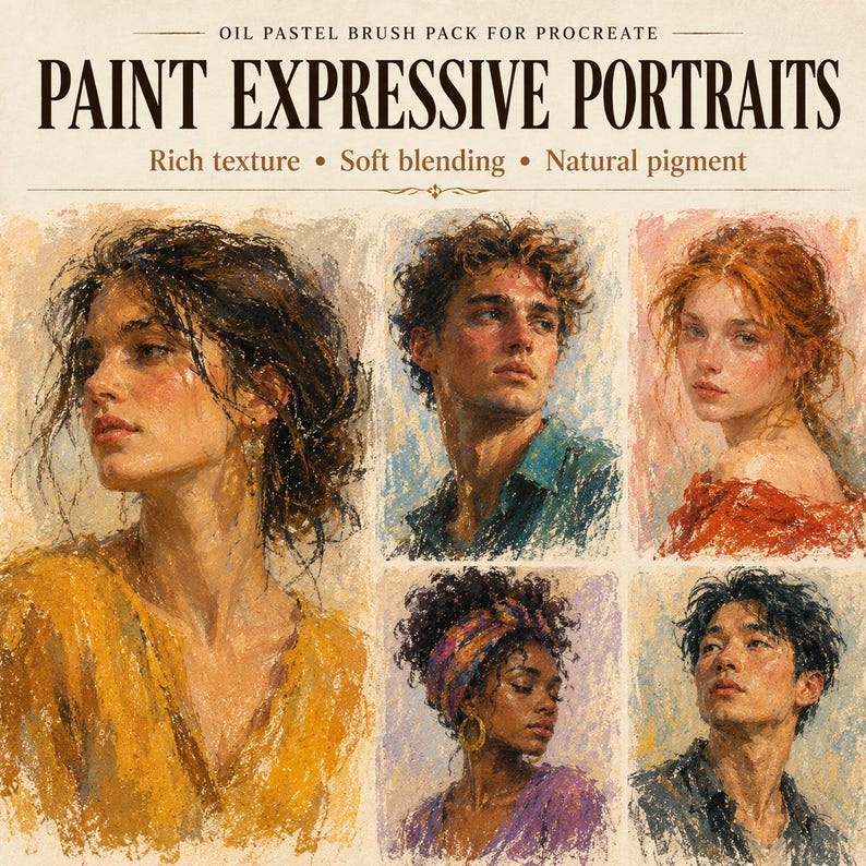 May include: An oil pastel brush pack for Procreate titled Paint Expressive Portraits with text highlighting rich texture, soft blending, and natural pigment. The image displays five portrait illustrations of diverse individuals in a textured style.