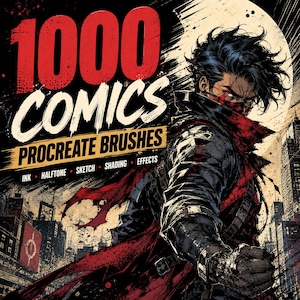 Pode incluir: Um gráfico digital com o texto 1000 COMICS PROCREATE BRUSHES INK HALFTONE SKETCH SHADING EFFECTS. A arte exibe um personagem estilizado com cabelo escuro e uma máscara vermelha, contra um fundo urbano arenoso com uma lua grande.