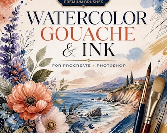 150 Watercolor Gouache Ink Brushes for Procreate and Photoshop, Realistic Painting Texture Brush Set