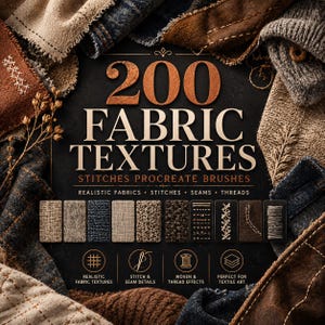 May include: A digital collection titled 200 FABRIC TEXTURES STITCHES PROCREATE BRUSHES featuring various fabric swatches including denim, wool, and linen. The design displays realistic fabric textures, stitches, seams, and thread effects.