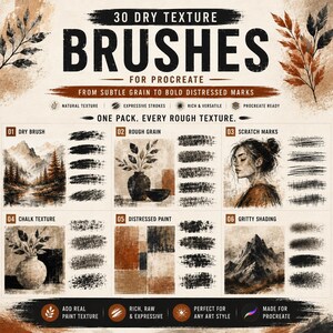 Puede incluir: Una pantalla de producto digital para 30 pinceles de textura seca para Procreate, con seis ejemplos de estilos art&iacute;sticos que incluyen paisajes, bodegones y retratos. El texto dice 30 DRY TEXTURE BRUSHES FOR PROCREATE y ONE PACK. EVERY ROUGH TEXTURE.