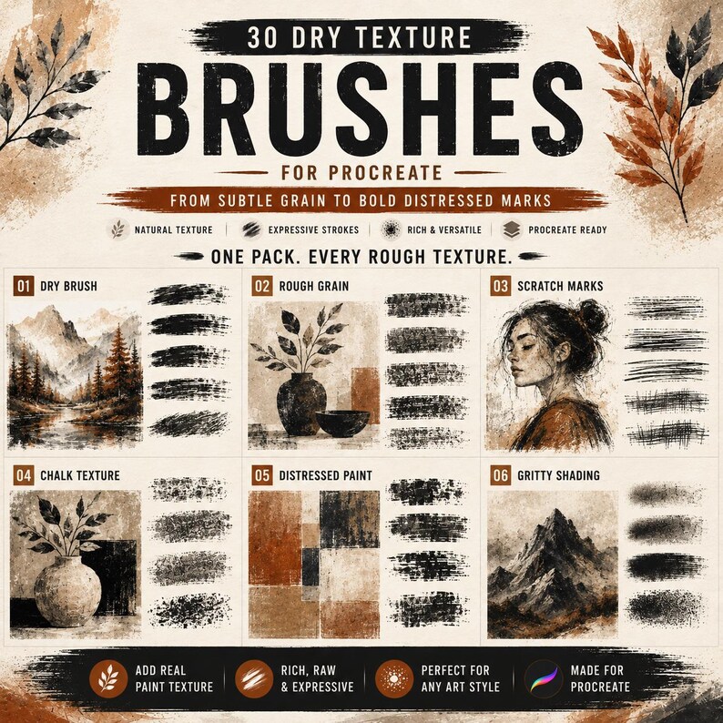 Puede incluir: Una pantalla de producto digital para 30 pinceles de textura seca para Procreate, con seis ejemplos de estilos art&iacute;sticos que incluyen paisajes, bodegones y retratos. El texto dice 30 DRY TEXTURE BRUSHES FOR PROCREATE y ONE PACK. EVERY ROUGH TEXTURE.