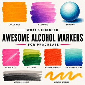 Pode incluir: Um conjunto de pinc&eacute;is digitais intitulado AWESOME ALCOHOL MARKERS FOR PROCREATE. A imagem exibe v&aacute;rias amostras de cores demonstrando t&eacute;cnicas como preenchimento, mistura, sombreamento, destaques, camadas, textura de marcador, gradientes e tra&ccedil;os.