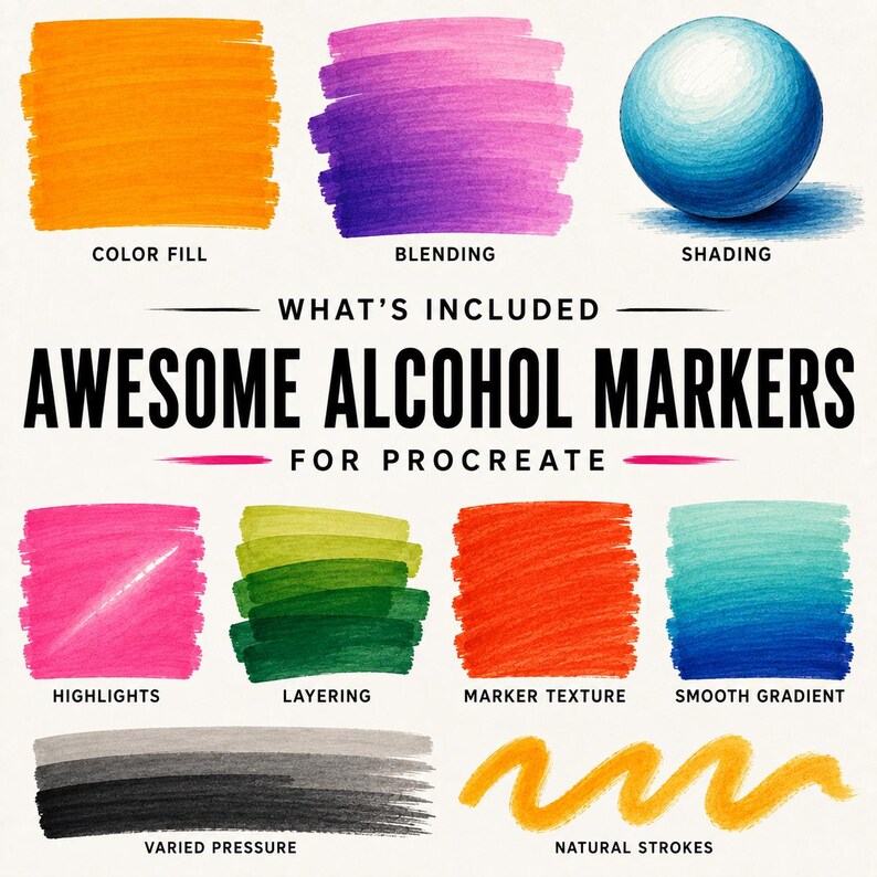 Pode incluir: Um conjunto de pinc&eacute;is digitais intitulado AWESOME ALCOHOL MARKERS FOR PROCREATE. A imagem exibe v&aacute;rias amostras de cores demonstrando t&eacute;cnicas como preenchimento, mistura, sombreamento, destaques, camadas, textura de marcador, gradientes e tra&ccedil;os.