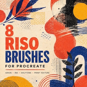 May include: A digital graphic featuring the text 8 RISO BRUSHES FOR PROCREATE GRAIN INK HALFTONE PRINT TEXTURE. The design displays abstract shapes in red, blue, and yellow with a grainy, textured overlay on a light beige background.