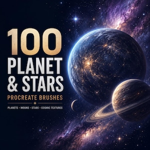 Puede incluir: Un gráfico digital con el texto 100 PLANET & STARS PROCREATE BRUSHES PLANETS MOONS STARS COSMIC TEXTURES sobre un fondo de espacio profundo con un gran planeta azul oscuro, un planeta con anillos más pequeño y una luna diminuta.