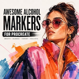 Pode incluir: Uma ilustra&ccedil;&atilde;o digital de uma pessoa usando &oacute;culos de sol com lentes rosadas e brincos de argola dourados, vestindo uma jaqueta vibrante e multicolorida. O texto diz: AWESOME ALCOHOL MARKERS FOR PROCREATE, SMOOTH, BLENDED, VIBRANT, REALISTIC.
