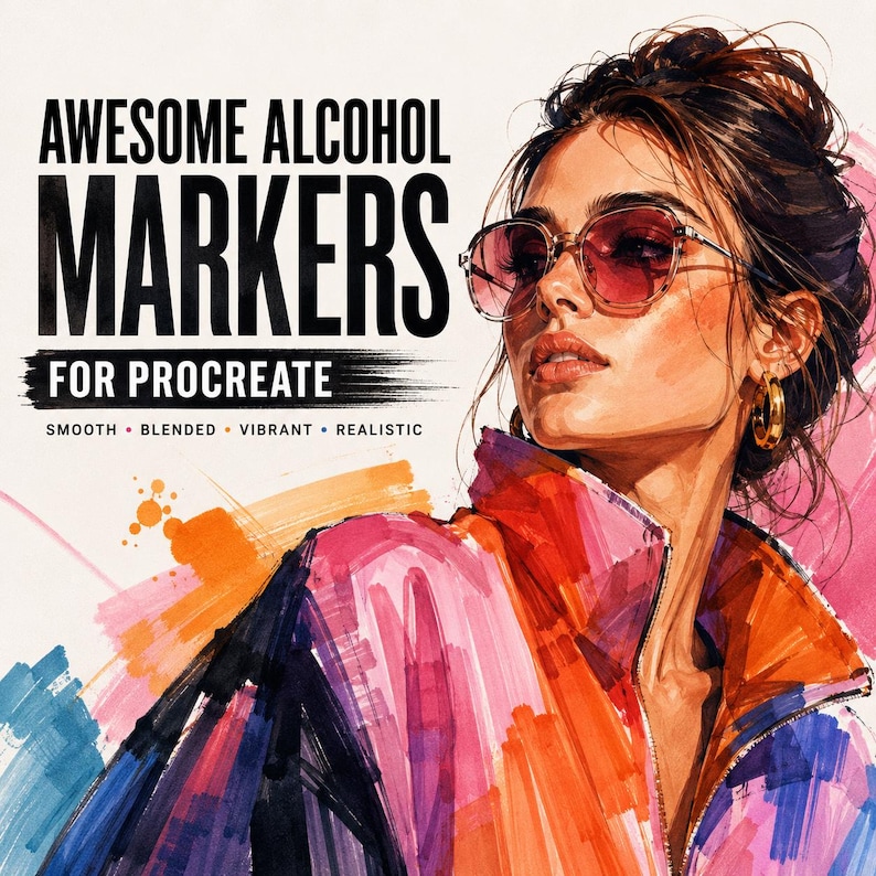 Pode incluir: Uma ilustra&ccedil;&atilde;o digital de uma pessoa usando &oacute;culos de sol com lentes rosadas e brincos de argola dourados, vestindo uma jaqueta vibrante e multicolorida. O texto diz: AWESOME ALCOHOL MARKERS FOR PROCREATE, SMOOTH, BLENDED, VIBRANT, REALISTIC.