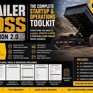 Puede incluir: Un kit de herramientas digital titulado Trailer Boss Version 2.0 para negocios de alquiler de remolques volquete. El gráfico muestra un remolque negro, texto detallando plantillas, formularios, listas y calculadoras en formato PDF.