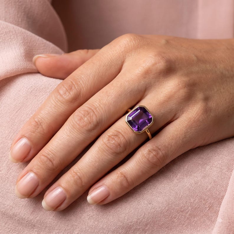 Sterling Silver Amethyst Ring, Octagon Cut Bezel Set, February ...