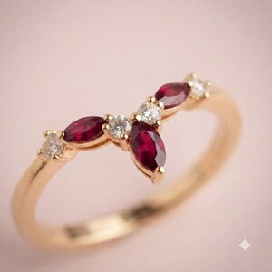 Ruby Marquise Cluster Ring, Gold Wishbone Stacking Ring, Anniversary Gift