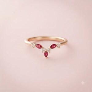Rose Gold Ruby Marquise V Ring, Diamond Accent Stacking Band