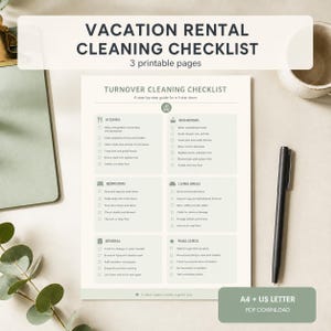 Vacation rental cleaning checklist printable shown on a neutral desk