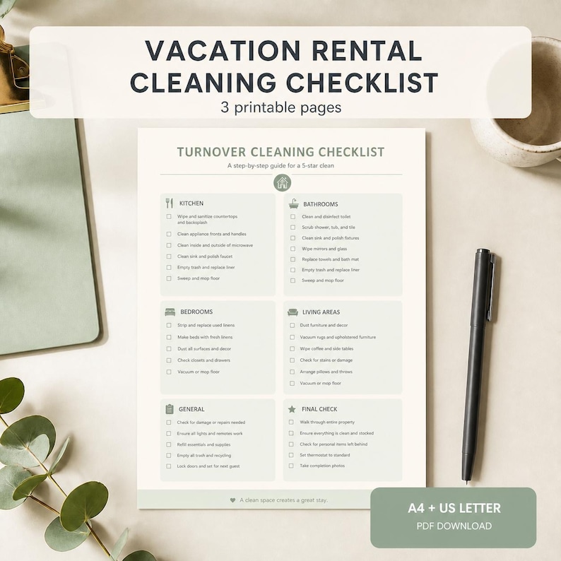 Vacation rental cleaning checklist printable shown on a neutral desk