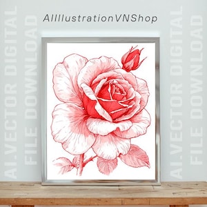 Peut inclure: Une impression d'art numérique dans un cadre argenté représentant une illustration détaillée de rose rouge et blanche avec un bouton de rose. Le texte AlllustrationVNShop et AI.VECTOR DIGITAL FILE DOWNLOAD est visible sur l'image.