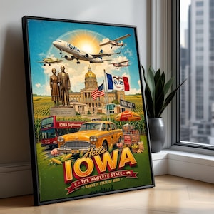 Lienzo con lugares emblemáticos de Iowa, arte de viajes del estado de Hawkeye, decoración de pared americana, lienzo con taxi y autobús turístico antiguos, escena clásica del Medio Oeste.