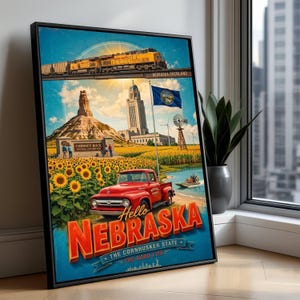 Quadro su tela "Hello Nebraska", camioncino rosso vintage, sito storico nazionale di Chimney Rock, paesaggio con campo di girasoli, decorazione a tema Cornhusker State.
