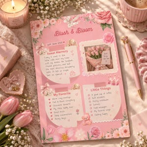 May include: A pink journal page titled Blush & Bloom featuring floral illustrations, a photo of pink tulips, and sections for Sweet Memory, My Favorite, and Little Things. The page includes text, heart icons, and drawings of a teddy bear and a crown.
