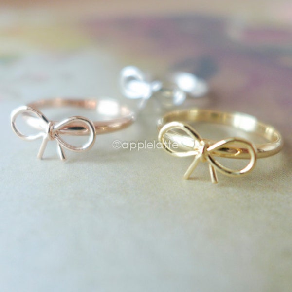 tiny small cute bow ring in gold, silver or rose gold, bow ring, ribbon ring, bow band