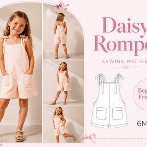 Girls Romper Sewing Pattern, Daisy Romper PDF, Shoulder Tie Kids Playsuit, Beginner Toddler Pattern, Sizes 6M-10Y