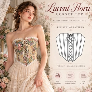 Könnte beinhalten: Ein Lucent Flora Korsett-Oberteil PDF-Schnittmuster mit Blumenmuster, weißer Spitzenborte und Schnürung vorne. Das Dokument enthält technische Zeichnungen, Größen von S bis XXL sowie Formate für A4, A0 und US Letter Papier.