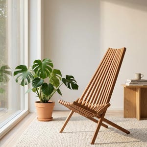 May include: A light brown wooden chair constructed with multiple vertical slats forming the backrest and seat. The chair features a folding frame design with angled legs and a curved profile, showcasing the natural grain and texture of the wood.