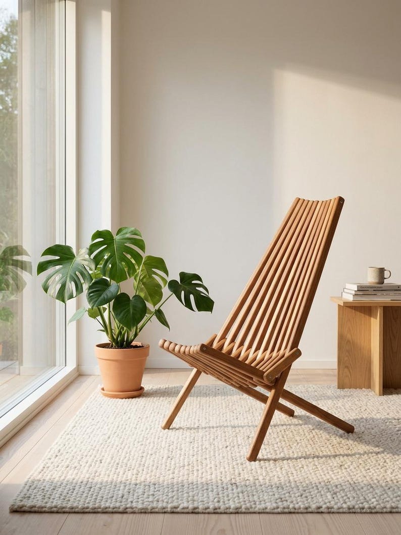 May include: A light brown wooden chair constructed with multiple vertical slats forming the backrest and seat. The chair features a folding frame design with angled legs and a curved profile, showcasing the natural grain and texture of the wood.