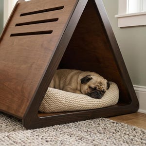 May include: A triangular wooden pet house with a dark brown finish and three horizontal ventilation slats on the side. Inside the structure, a fawn-colored pug is sleeping on a textured, cream-colored rectangular cushion.