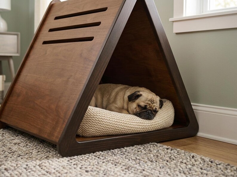 May include: A triangular wooden pet house with a dark brown finish and three horizontal ventilation slats on the side. Inside the structure, a fawn-colored pug is sleeping on a textured, cream-colored rectangular cushion.