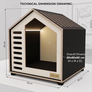Modernes Hundehaus aus Holz für den Innenbereich, minimalistische Haustiermöbel in Schwarz-Creme, geometrische Hundehöhle Bild 2