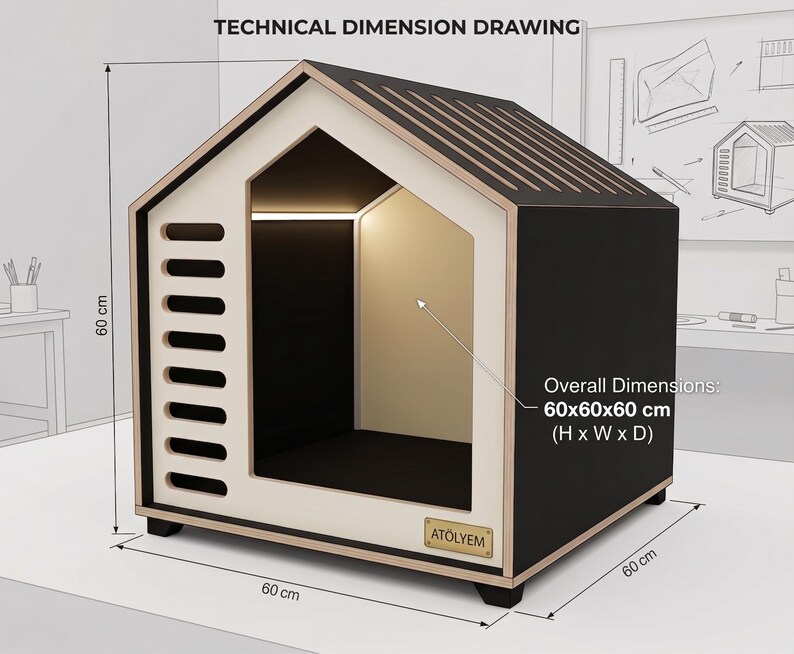 Modernes Hundehaus aus Holz für den Innenbereich, minimalistische Haustiermöbel in Schwarz-Creme, geometrische Hundehöhle Bild 2