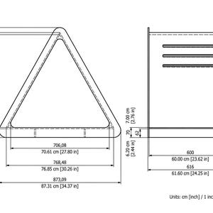 May include: A technical line drawing of a triangular frame and a rectangular structure with three horizontal slots. The diagram includes precise measurements in inches, such as a total width of 34.37 inches and a height of 30.30 inches.
