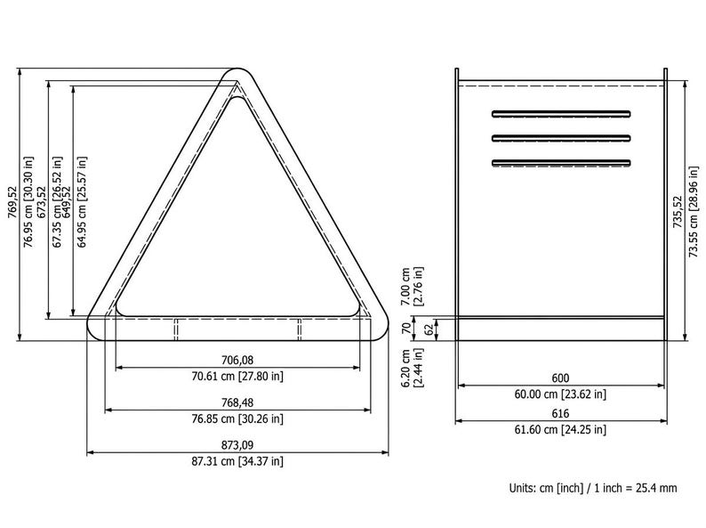 May include: A technical line drawing of a triangular frame and a rectangular structure with three horizontal slots. The diagram includes precise measurements in inches, such as a total width of 34.37 inches and a height of 30.30 inches.