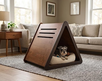 Modern Two-Tone A-Frame Dog House, Minimalist Wooden Pet Crate Furniture
